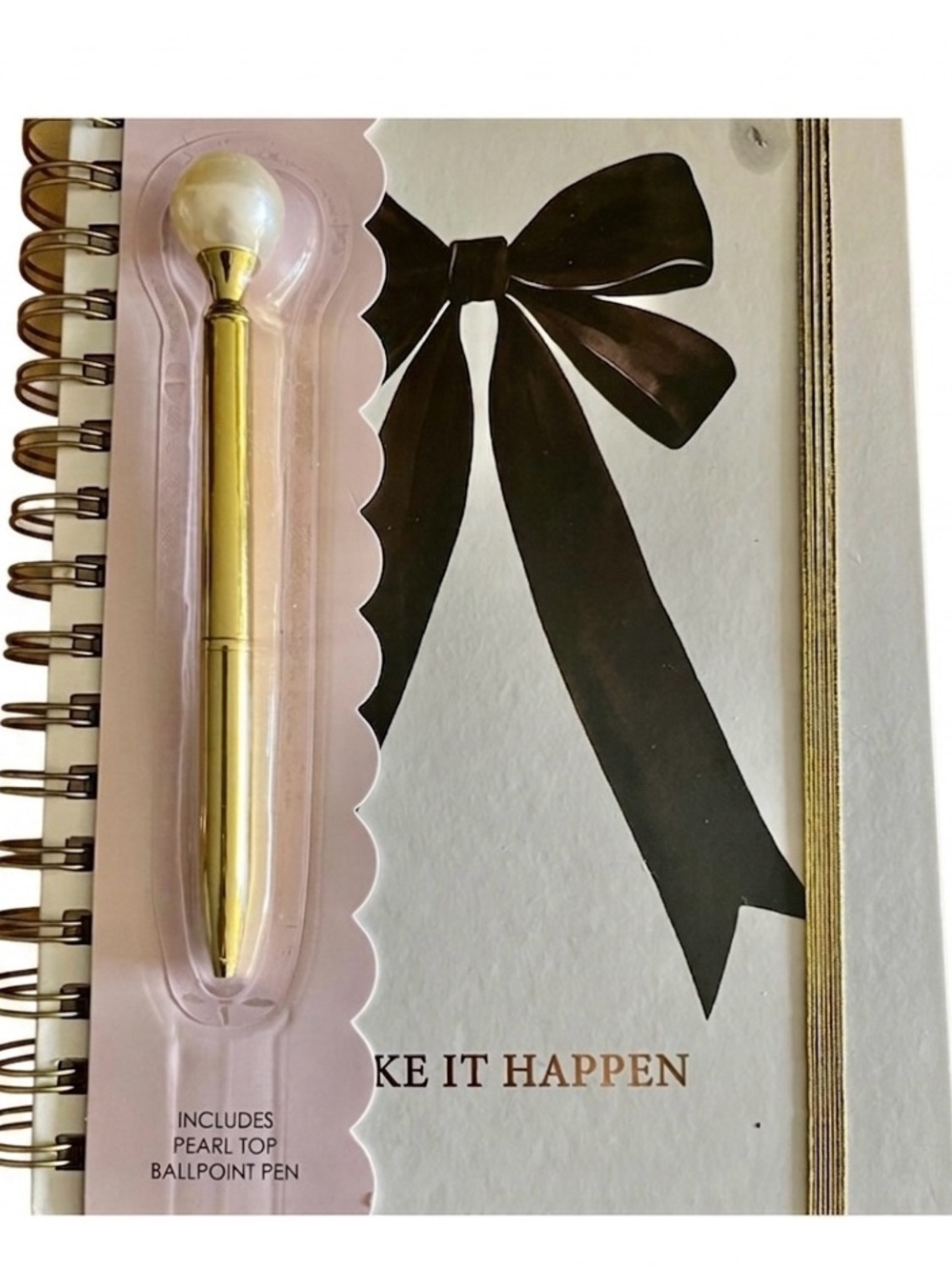NWT Make it Happen Gold Pearl Pen with Black Bow Journal